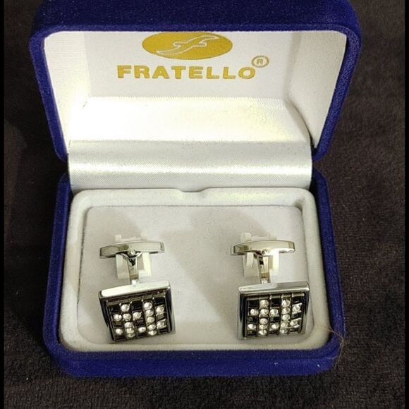 MEN'S FRATELLO SILVER RHINESTONE CUFF LINK - Picture 1 of 2